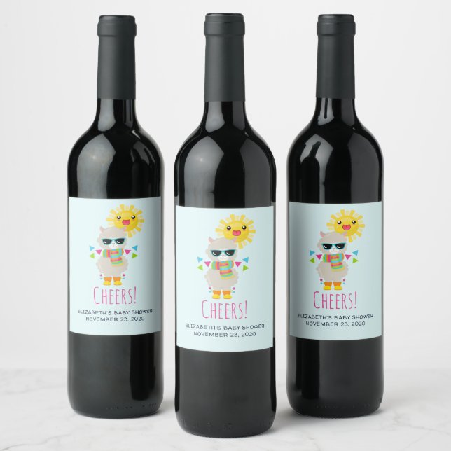 Cool Llama and Smiling Kawaii Sun Wine Label (Bottles)