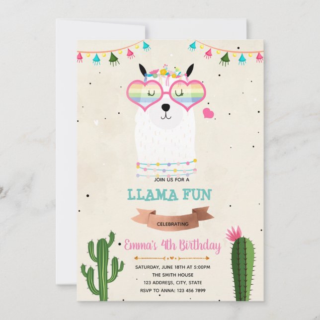 Cool llama girl fiesta birthday shower invitation (Front)