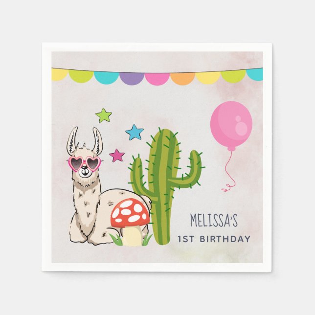 Cool llama in Heart-Shaped Sunglasses Birthday Napkin (Front)
