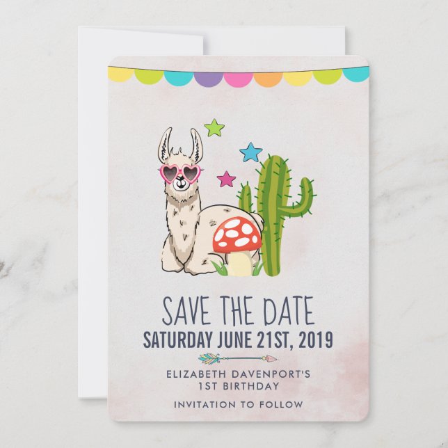 Cool llama in Heart-Shaped Sunglasses Birthday Save The Date (Front)