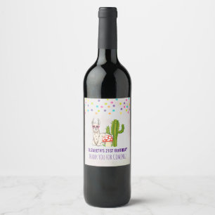 Cool llama in Heart-Shaped Sunglasses Birthday Wine Label