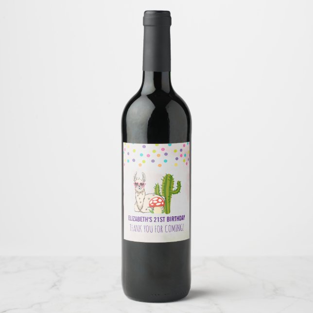 Cool llama in Heart-Shaped Sunglasses Birthday Wine Label (Front)