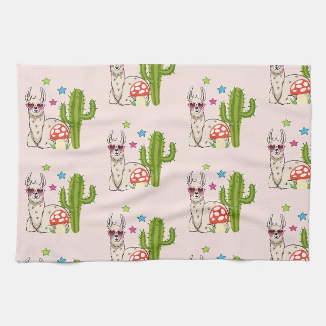 Cool llama in Heart-Shaped Sunglasses Pattern Tea Towel (Horizontal)