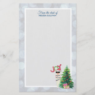Cool Llama in Santa Hat on Silver Bokeh Christmas Stationery