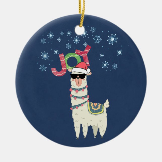 Cool Llama in Santa Hat with Snowflakes Christmas Ceramic Tree Decoration (Front)