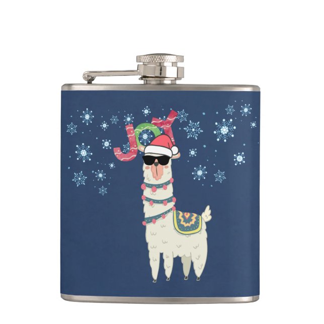Cool Llama in Santa Hat with Snowflakes Christmas Hip Flask (Front)