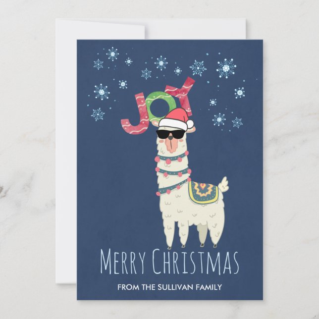 Cool Llama in Santa Hat with Snowflakes Christmas Holiday Card (Front)