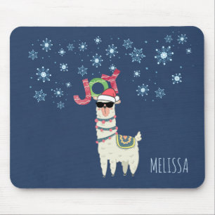 Cool Llama in Santa Hat with Snowflakes Christmas Mouse Mat