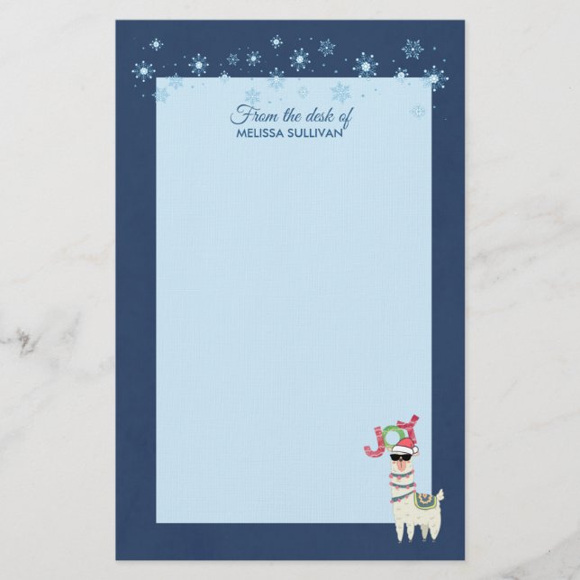 Cool Llama in Santa Hat with Snowflakes Christmas Stationery (Front)