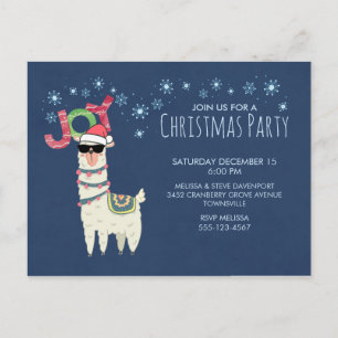 Cool Llama in Santa Hat with Snowflakes Party Postcard
