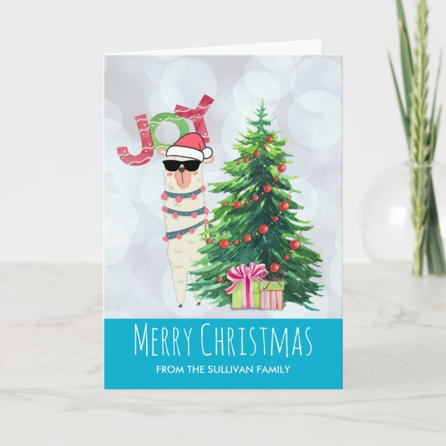 Cool Llama on Silver Bokeh & Icy Blue Christmas Card (Front)