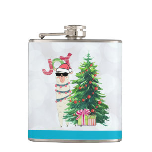 Cool Llama on Silver Bokeh & Icy Blue Christmas Hip Flask