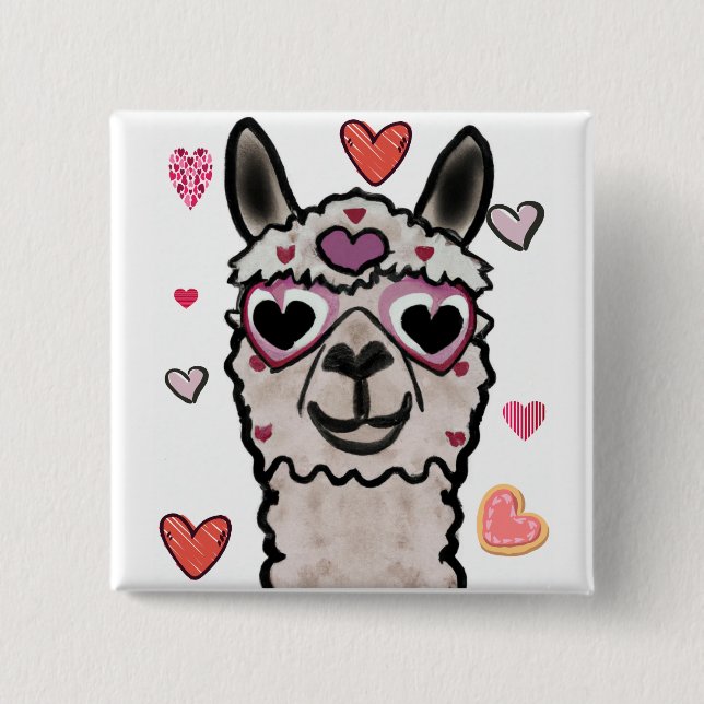 Cool Llama with Heart Glasses 15 Cm Square Badge (Front)