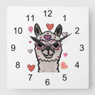 Cool Llama with Heart Glasses Square Wall Clock