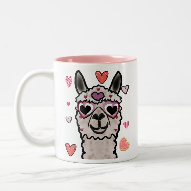Cool Llama with Heart Glasses Two-Tone Coffee Mug (Left)