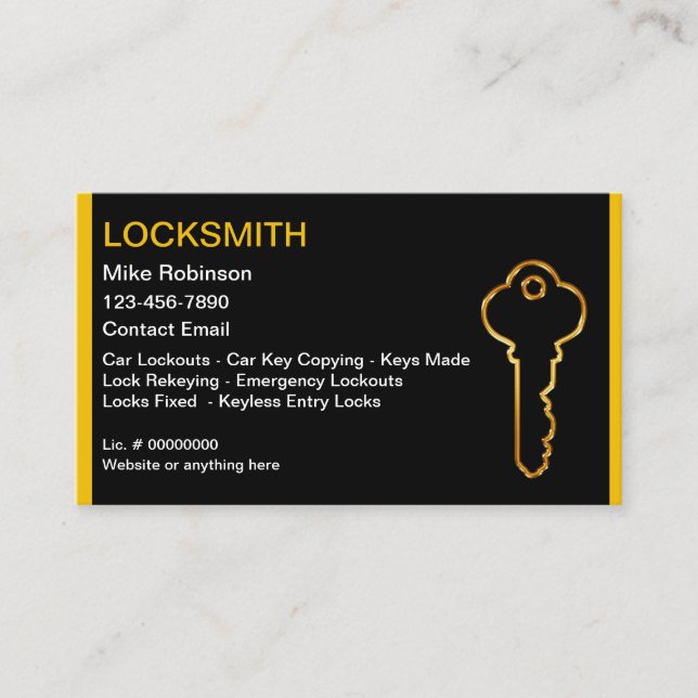 Cool Locksmith Gold House Key Business Cards (Front)