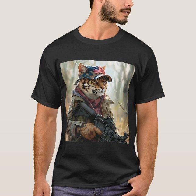 Cool MAGA Big Cat with Gun and Camouflage AMERICA T-Shirt (Front)