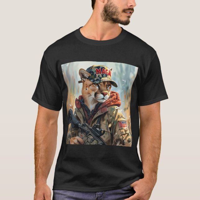 Cool MAGA Big Cat with Gun & Camouflage COUGAR T-Shirt (Front)
