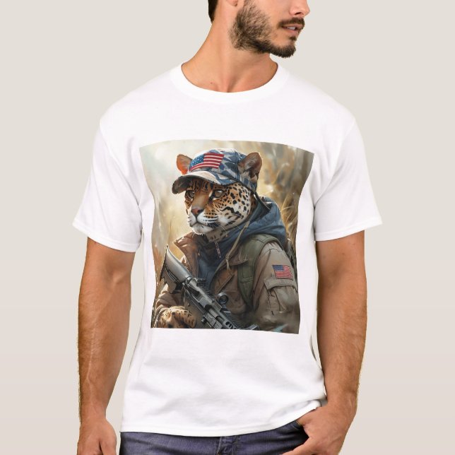 Cool MAGA Big Cat with Gun & Camouflage JAGUAR T-Shirt (Front)