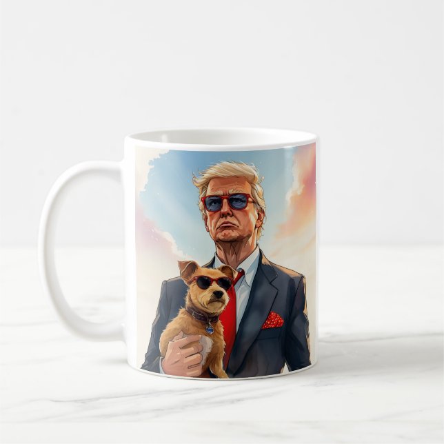 Cool MAGA Cat TRUMP Holding a Dog cute Sunglasses Coffee Mug (Left)