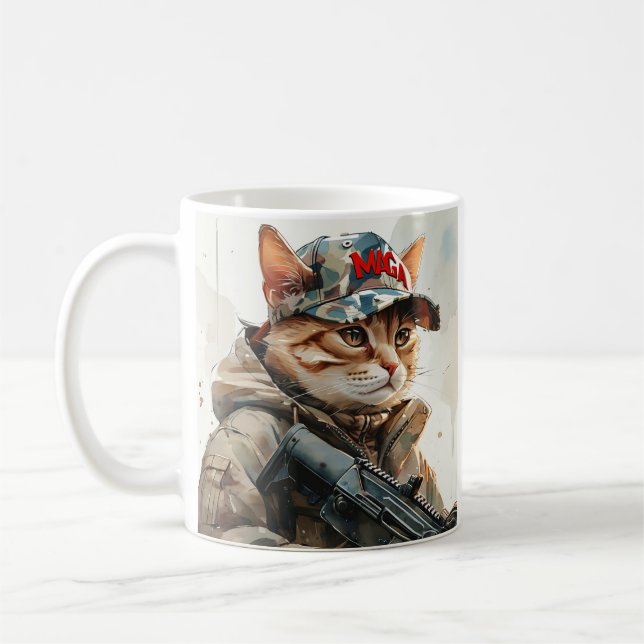 Cool MAGA Cat with Gun and Camouflage Cute AMERICA Coffee Mug (Left)