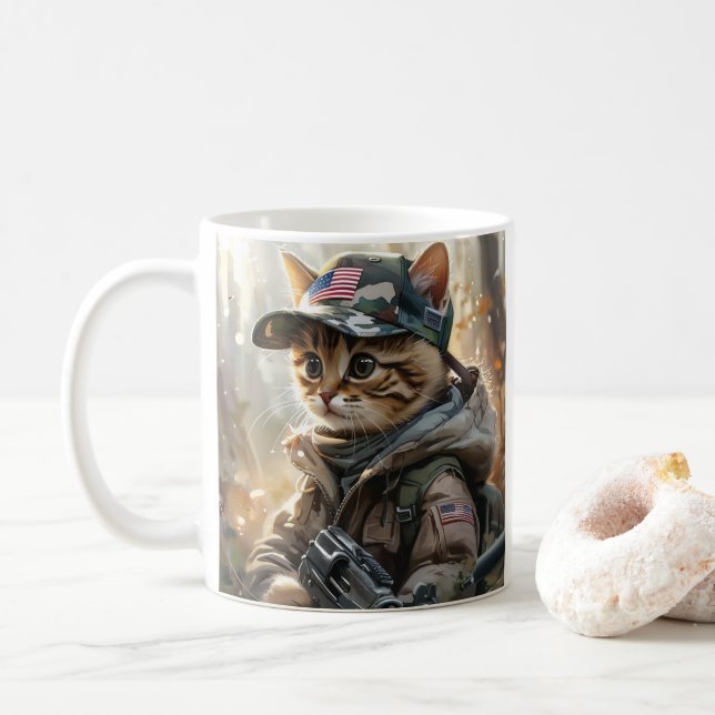 Cool MAGA Cat with Gun and Camouflage Cute AMERICA Coffee Mug (With Donut)