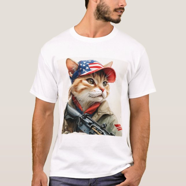 Cool MAGA Cat with Gun and Camouflage Cute AMERICA T-Shirt (Front)