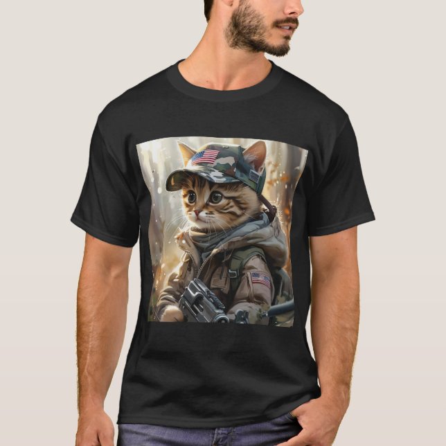 Cool MAGA Cat with Gun and Camouflage Cute AMERICA T-Shirt (Front)