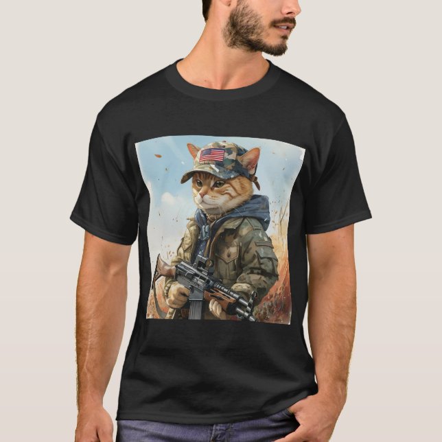Cool MAGA Cat with Gun and Camouflage Cute AMERICA T-Shirt (Front)