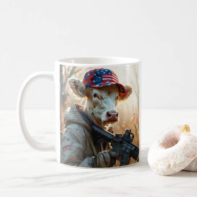 Cool MAGA Cow with Gun and Camouflage Cute AMERICA Coffee Mug (With Donut)