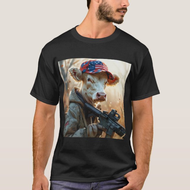 Cool MAGA Cow with Gun and Camouflage Cute AMERICA T-Shirt (Front)