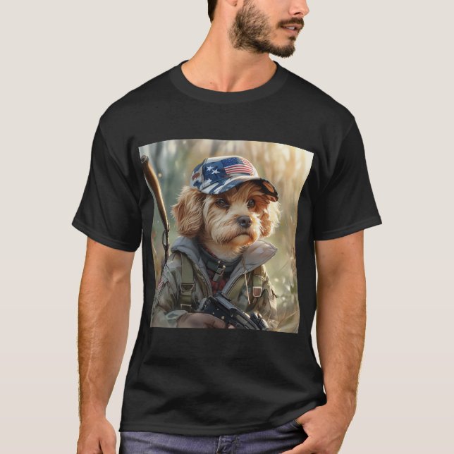 Cool MAGA Dog with Gun and Camouflage Cute puppy T-Shirt (Front)