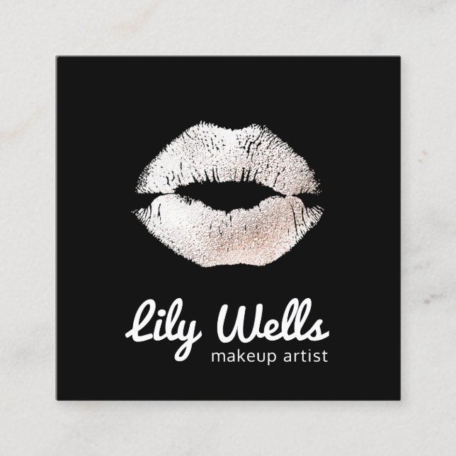 Cool Makeup Artist Silver Kissing Lips Black Square Business Card (Front)