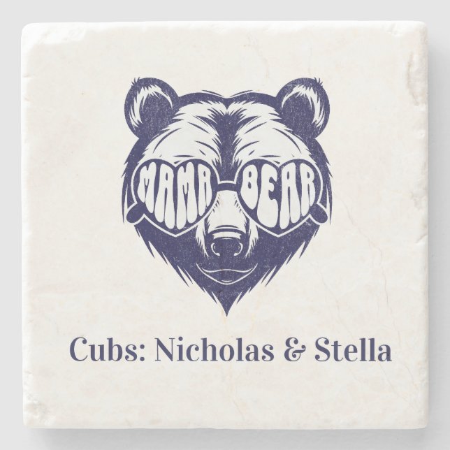 Cool Mama Bear Wearing Sunglasses Cub Names Custom Stone Coaster (Front)