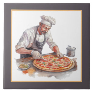 Cool man making pizza home business crafting tile