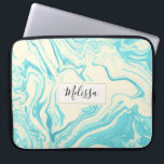 Cool Marble Design in Turquoise and Cream Custom Laptop Sleeve<br><div class="desc">A stylish and sophisticated laptop sleeve with an elegant faux marble pattern with swirling colors in turquoise blue and cream colors. A cream colored frame with a gold border layered over top with a personalized name inside.</div>
