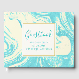 Cool Marble Design in Turquoise and Cream Guest Book