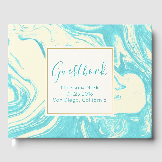 Cool Marble Design in Turquoise and Cream Guest Book (Front)