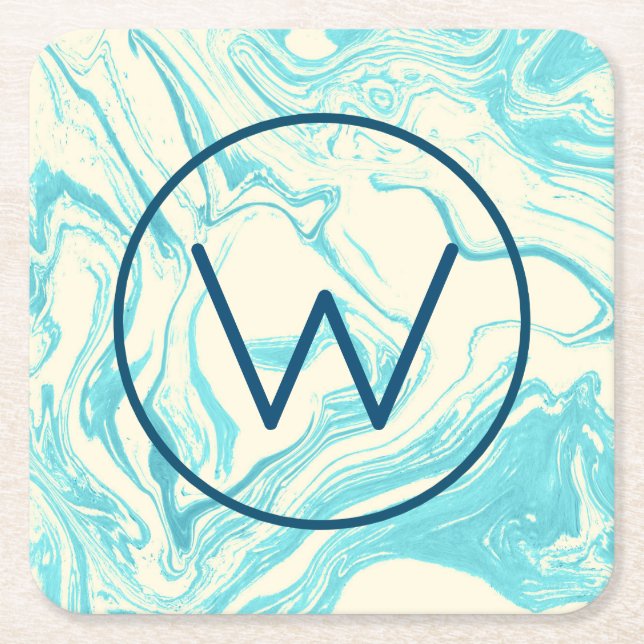 Cool Marble Design in Turquoise and Cream Monogram Square Paper Coaster (Front)