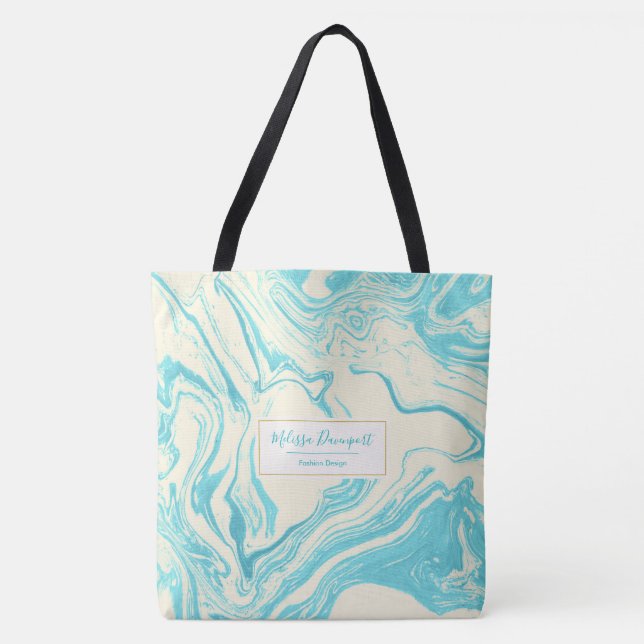 Cool Marble Design in Turquoise and Cream Tote Bag (Front)