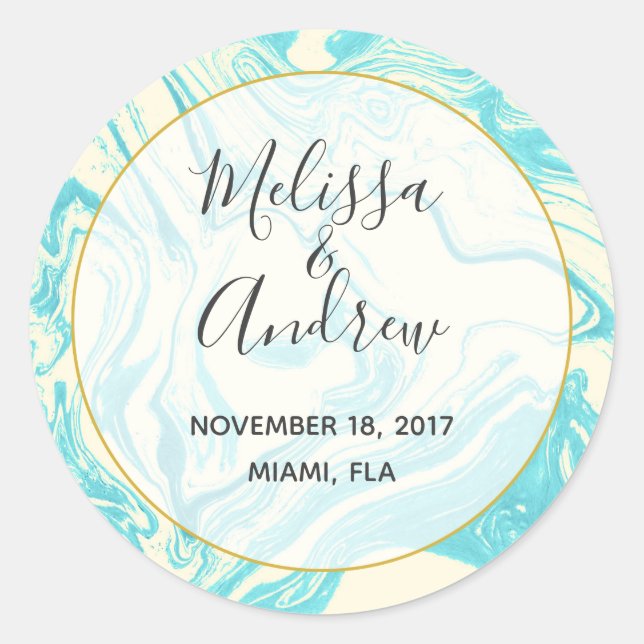 Cool Marble Design in Turquoise and Cream Wedding Classic Round Sticker (Front)