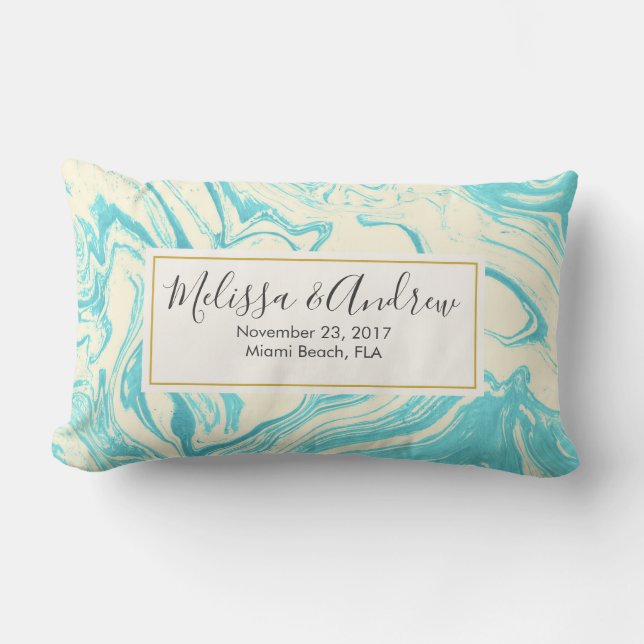Cool Marble Design in Turquoise and Cream Wedding Lumbar Cushion (Front)