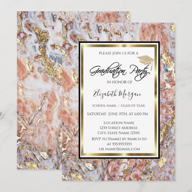 Cool Marble Gold Glitter Graduation Cap Graduation Invitation (Front/Back)