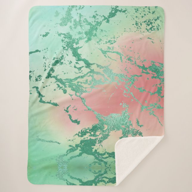 Cool Marble | Lovely Pastel Coral and Green Ombre Sherpa Blanket (Front)