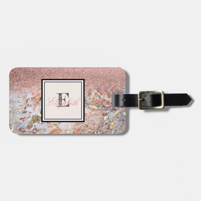 Cool Marble Ombre Glitter Monogram-Personalised Luggage Tag (Front Horizontal)