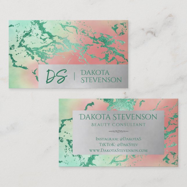 Cool Marble | Pastel Purple Blue Pink Monogram Business Card (Front/Back)