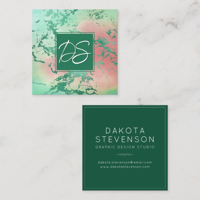 Cool Marble | Pastel Purple Blue Pink Monogram Square Business Card (Front/Back)