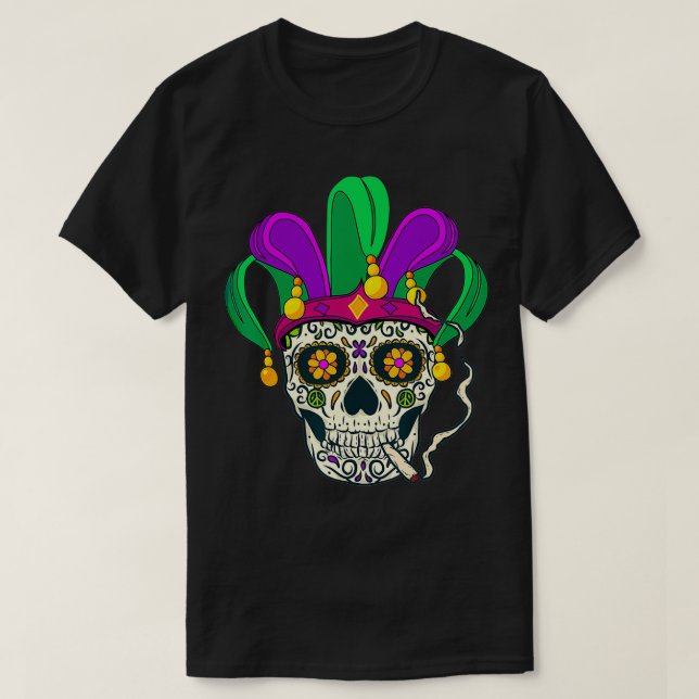 Cool Mardi Gras Candy Skull Wearing Mardi Gras Hat T-Shirt (Design Front)