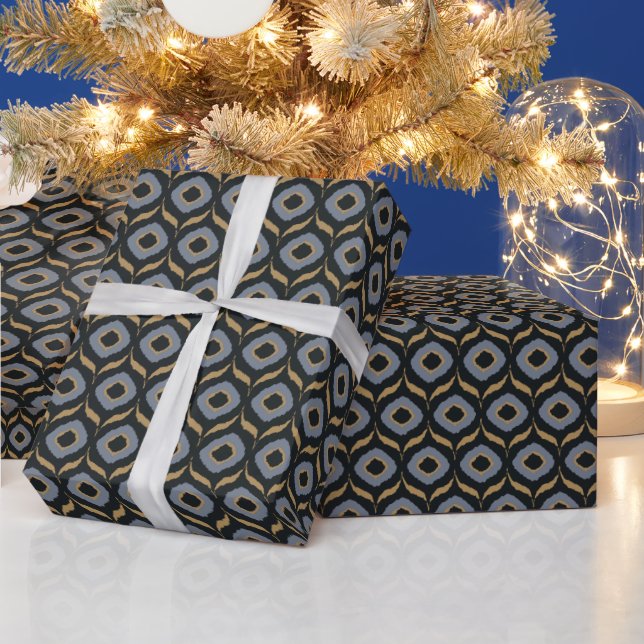 Cool masculine black grey gold ikat tribal pattern wrapping paper (Holidays)