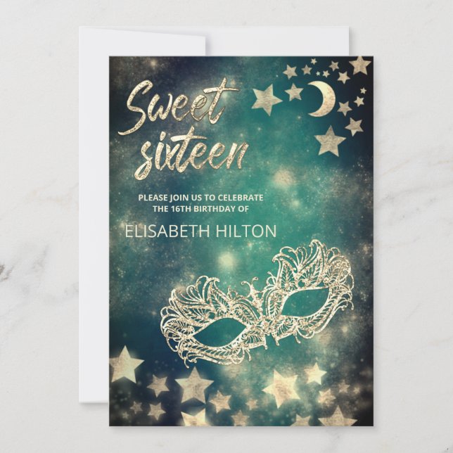 Cool Masquerade moon & stars  sweet sixteen  Invitation (Front)